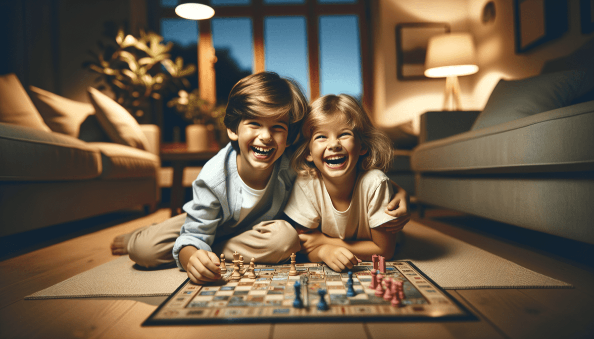 Kinder spielen begeistert ein Brettspiel im Wohnzimmer