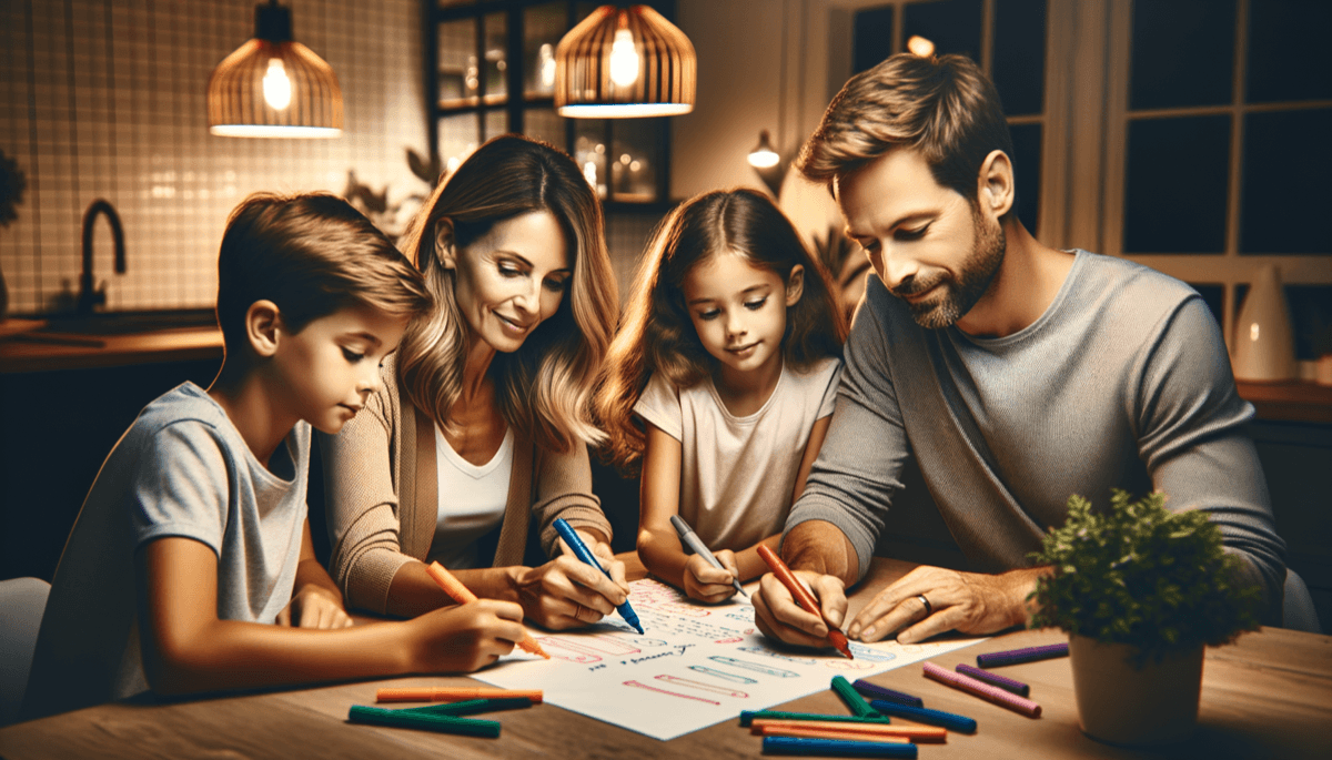 Familie sitzt am Tisch und erstellt gemeinsam Regeln auf Papier