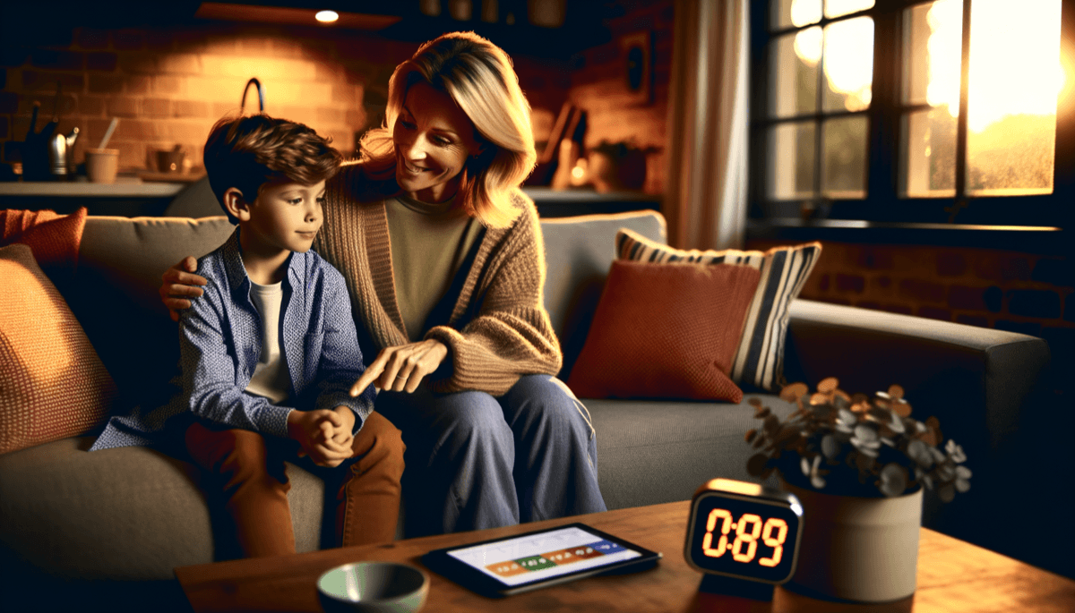 Eltern und Kind schauen gemeinsam auf einen Timer neben dem Tablet