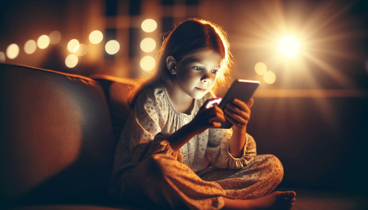 Mädchen scrollt hypnotisiert auf Smartphone, Augen weit offen