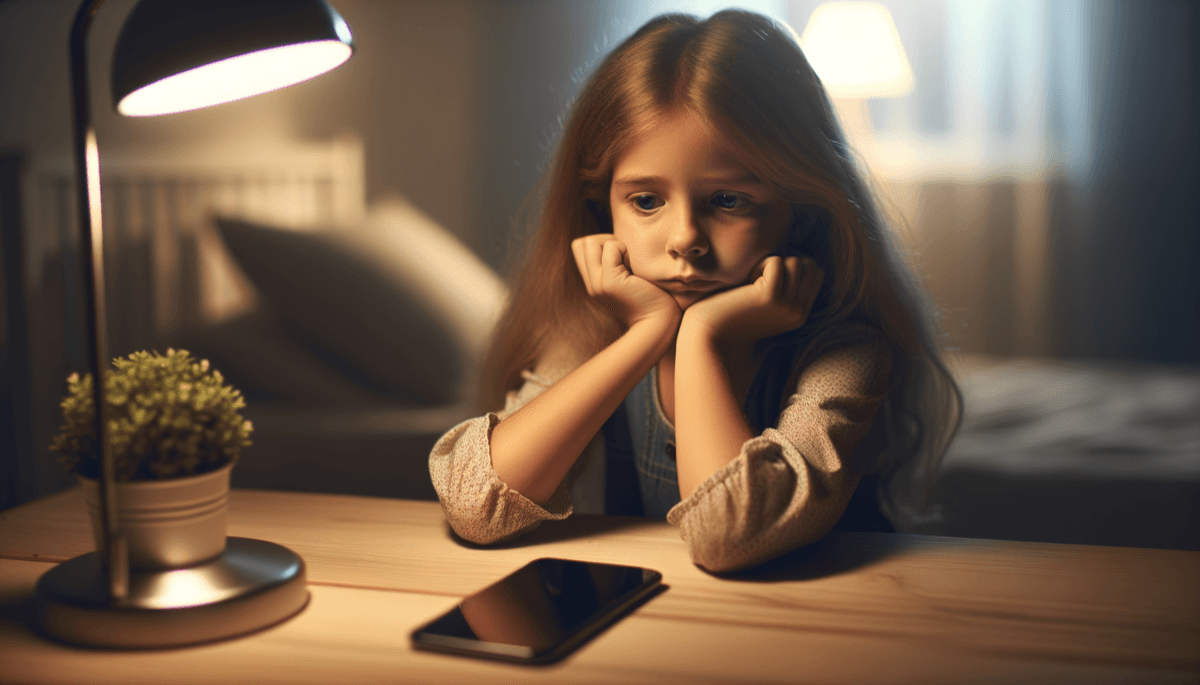 Kind schaut traurig auf Handy-Nachrichten