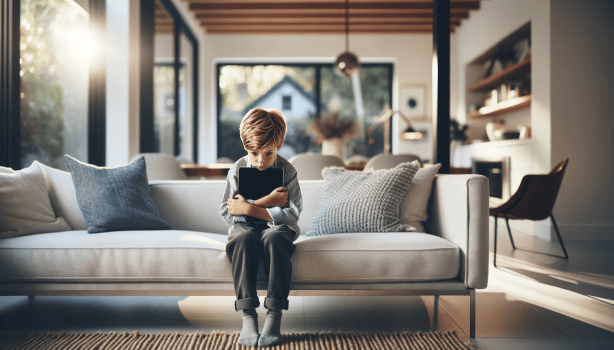 Einsames Kind sitzt allein mit Tablet, leerer Raum