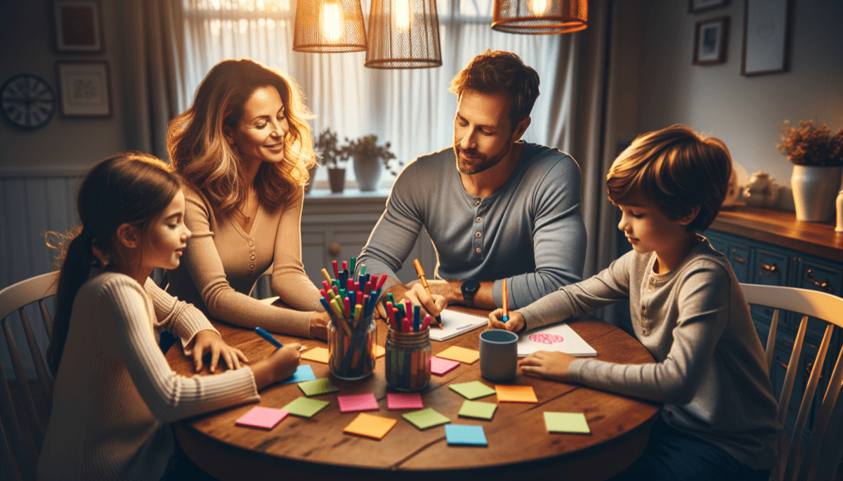 Familie diskutiert gemeinsam am runden Tisch über Regeln