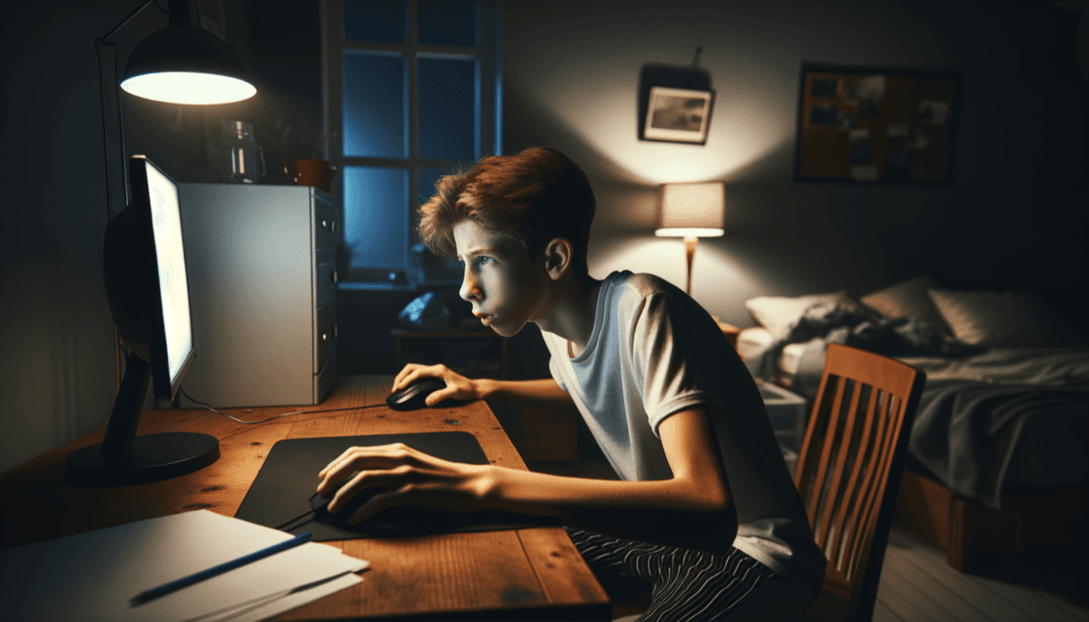 Kind spielt aggressiv am Computer, dunkles Zimmer