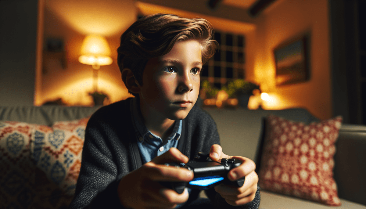 Junge spielt konzentriert Videospiel, Bildschirmlicht auf Gesicht