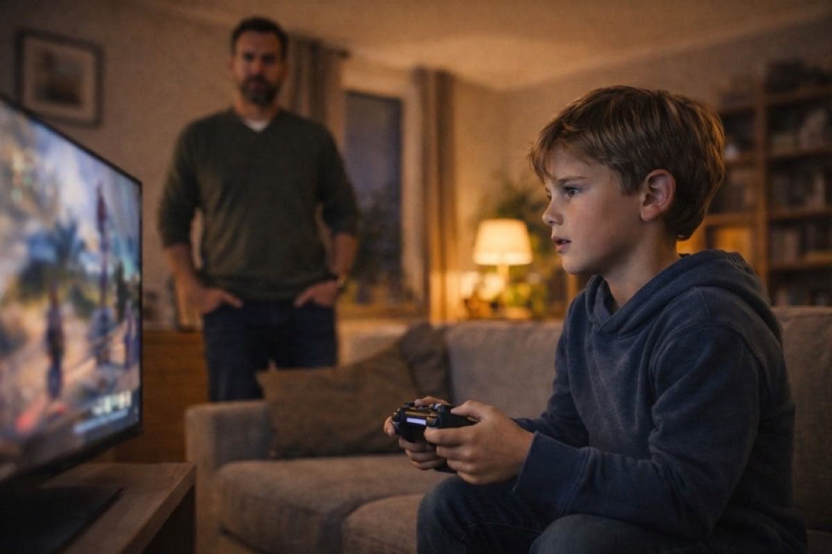 Junge zockt am Controller, Vater beobachtet ihn im Hintergrund