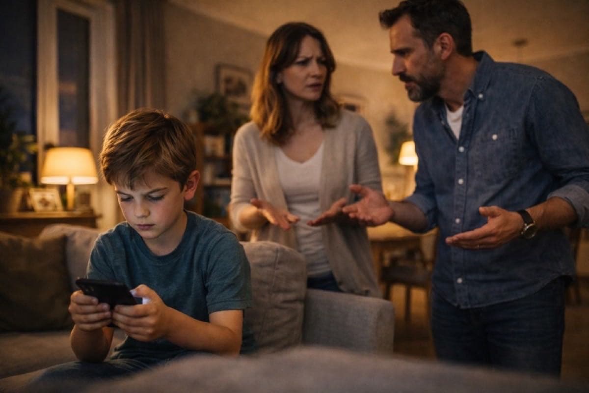 Eltern diskutieren über Kind am Smartphone auf dem Sofa