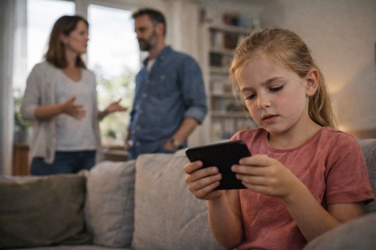 Mädchen am Smartphone auf dem Sofa, Eltern sprechen im Hintergrund