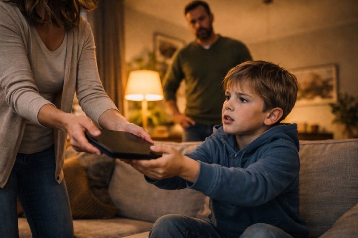 Kind klammert sich ans Tablet, Mutter versucht es wegzunehmen