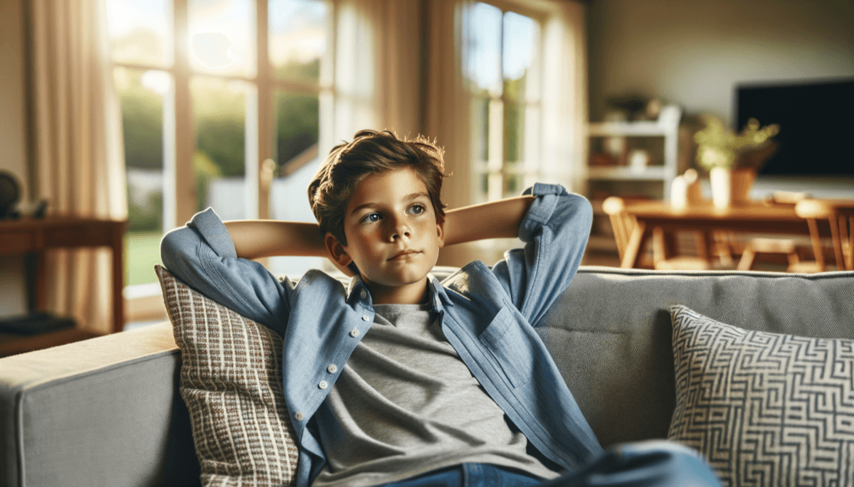 Kind liegt gelangweilt auf Sofa und schaut an die Decke