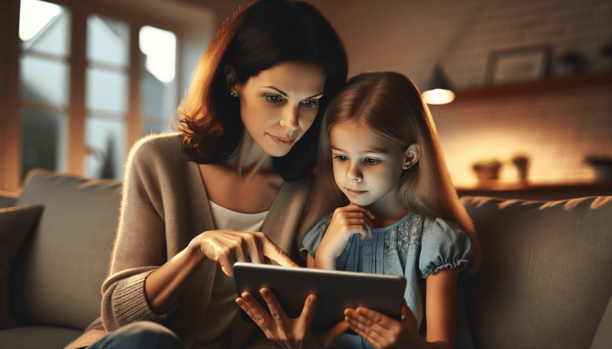 Mutter zeigt Kind etwas auf dem Tablet, beide schauen kritisch