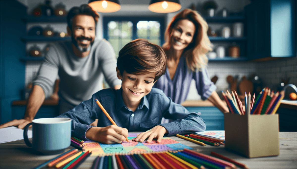 Kind unterschreibt stolz einen Medienvertrag am Küchentisch