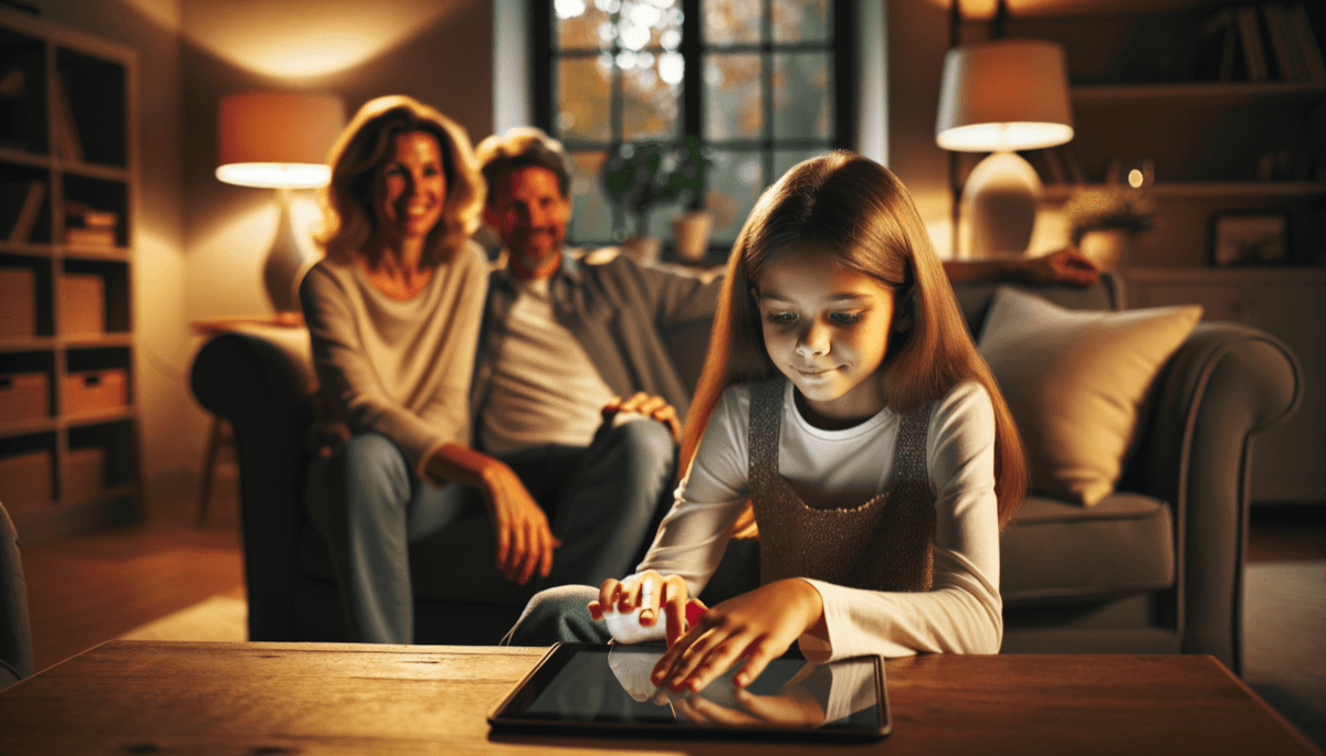 Kind schaltet friedlich Tablet aus, Eltern lächeln im Hintergrund