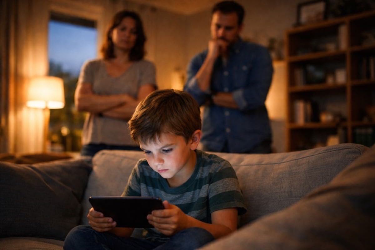 Junge schaut konzentriert auf Tablet, Eltern beobachten besorgt im Hintergrund
