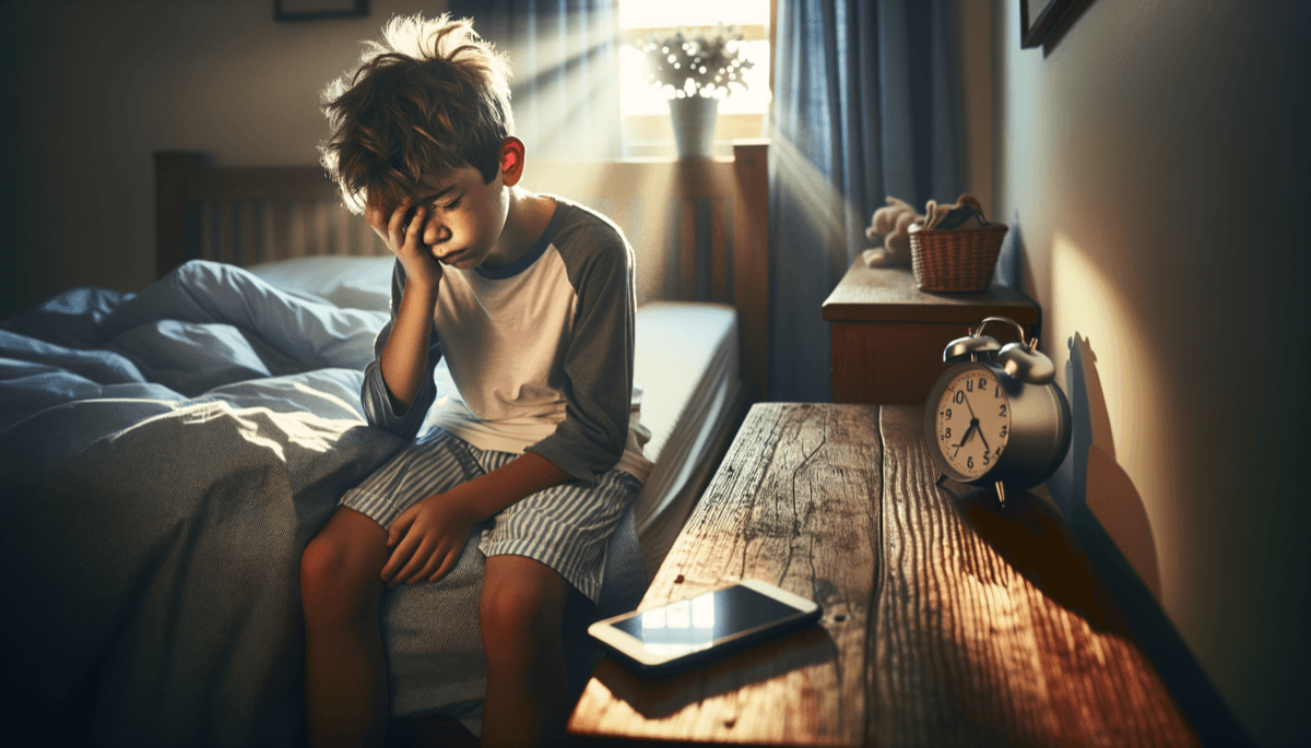 Kind liegt wach im Bett, Smartphone-Licht beleuchtet Gesicht