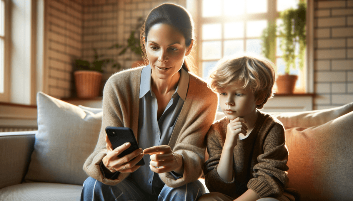 Kind betrachtet neugierig ein Smartphone in Elternhand