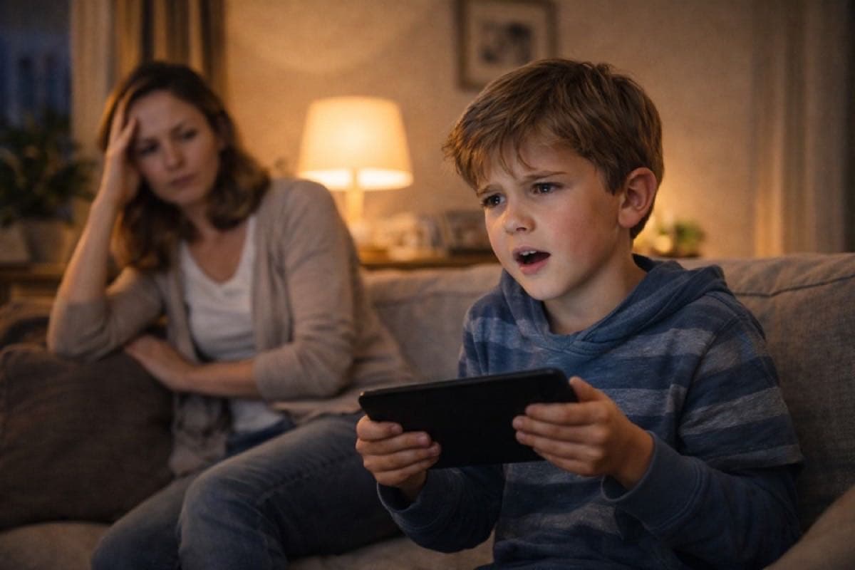 Kind am Tablet abends auf dem Sofa, Mutter schaut erschöpft zu