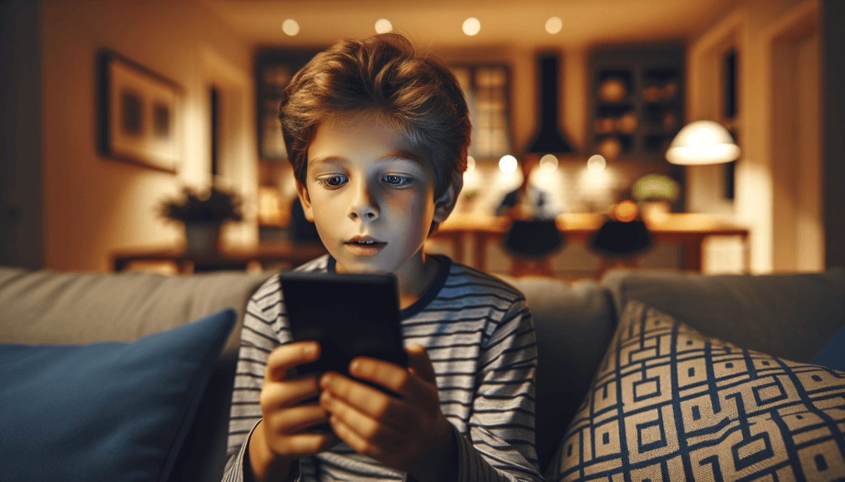 Kind scrollt endlos durch TikTok Videos auf dem Sofa