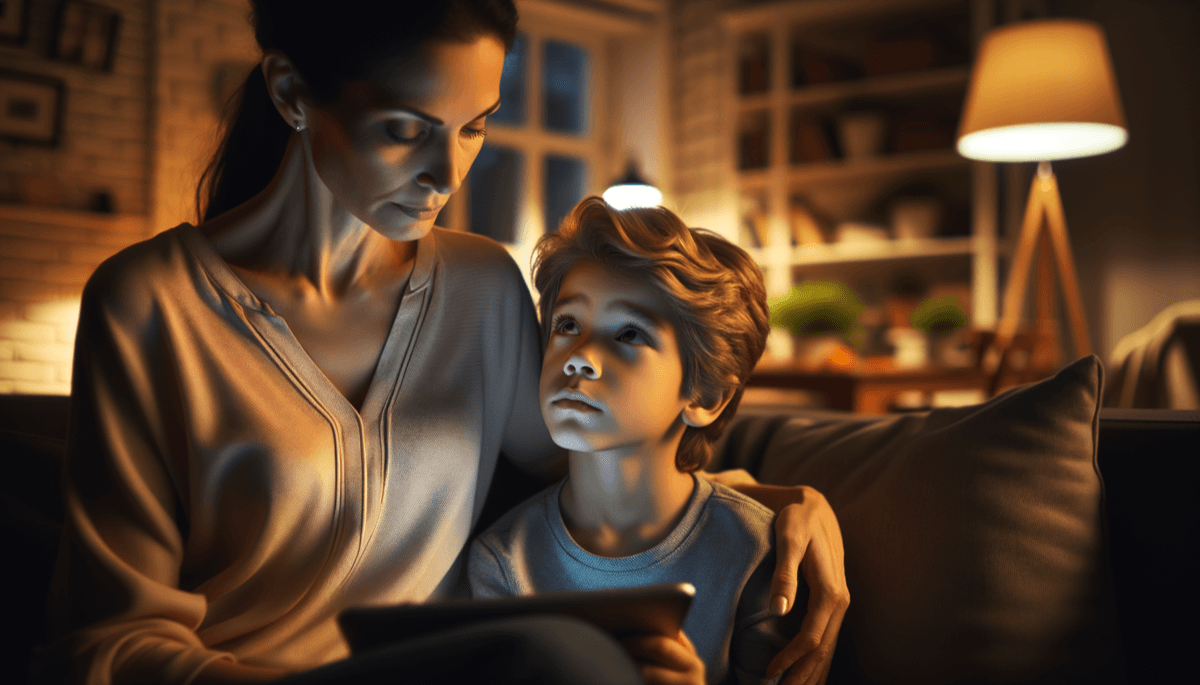 Kind verhandelt mit Mutter über Medienzeit, bittender Blick