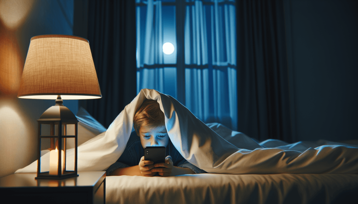 Kind versteckt Smartphone unter der Bettdecke, Lichtschein sichtbar