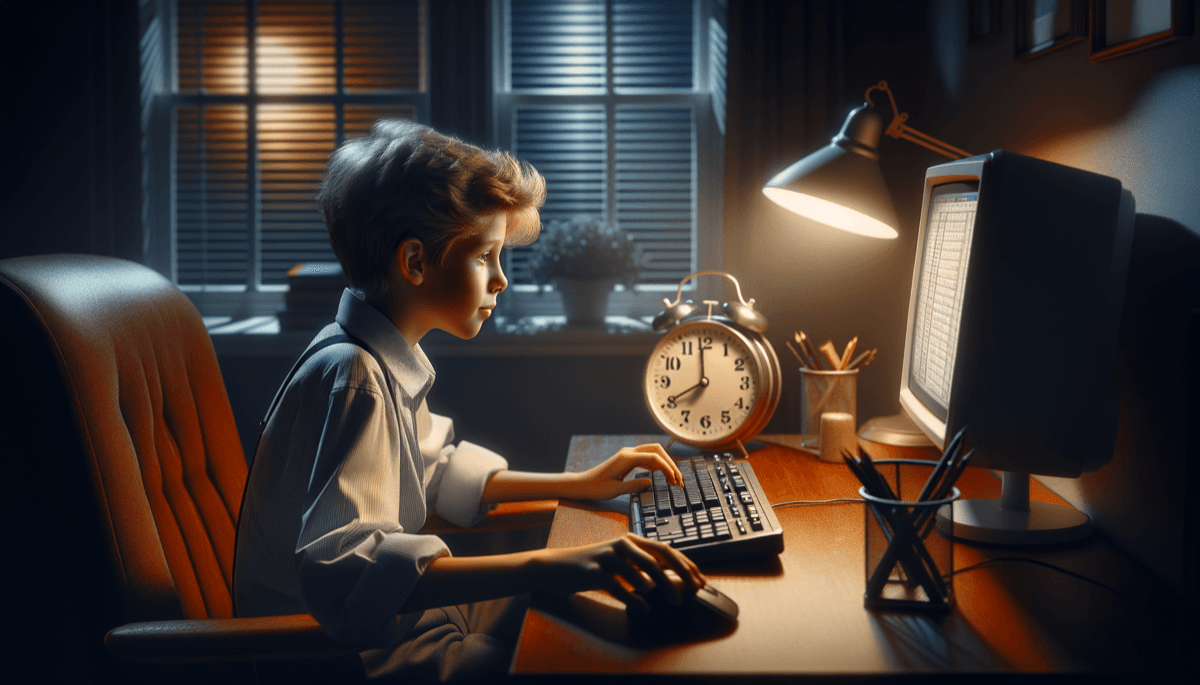Kind spielt im Dunkeln am Computer, Uhr zeigt späte Zeit