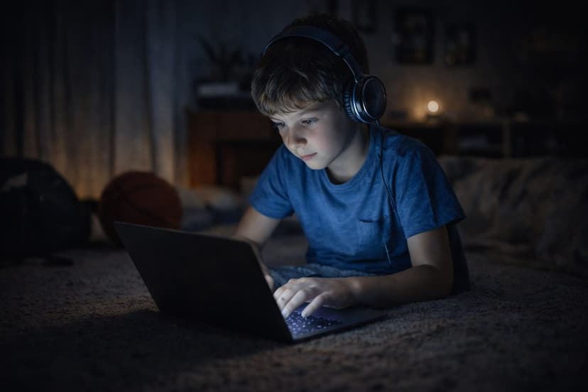 Ein Junge spielt abends am Notebook im Bett