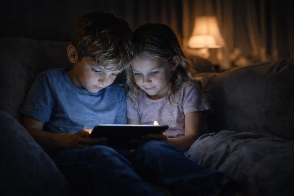 Zwei Kinder schauen gemeinsam auf ein Tablet