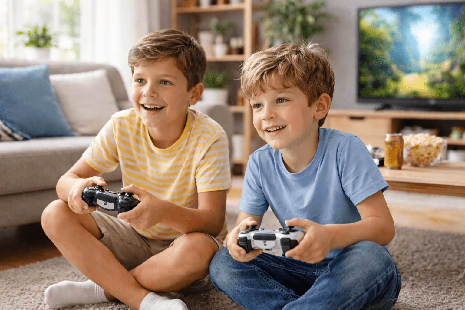 Zwei Jungen spielen begeistert zusammen ein Videospiel im Wohnzimmer