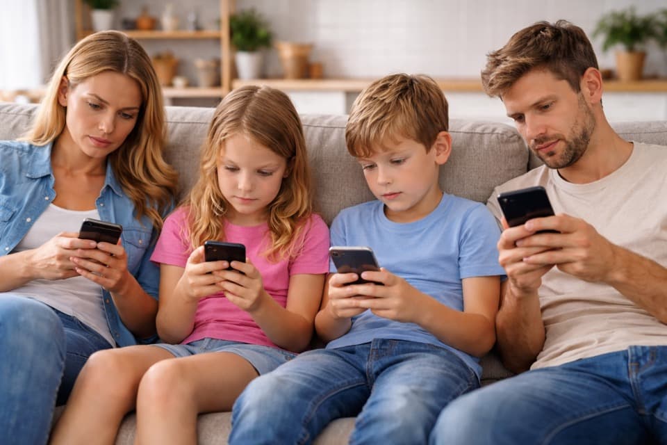 Familie sitzt auf dem Sofa, jeder schaut auf sein Smartphone