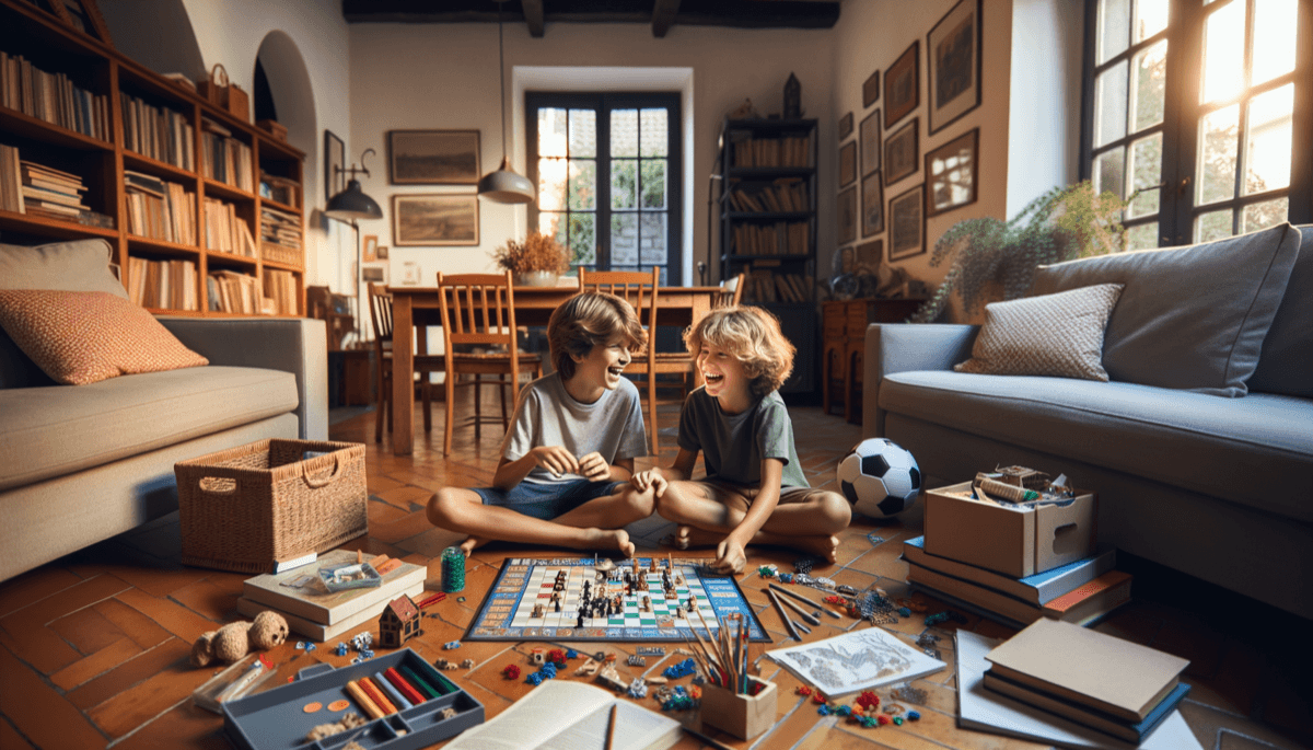Kinder spielen begeistert mit Brettspielen und Bastelmaterial